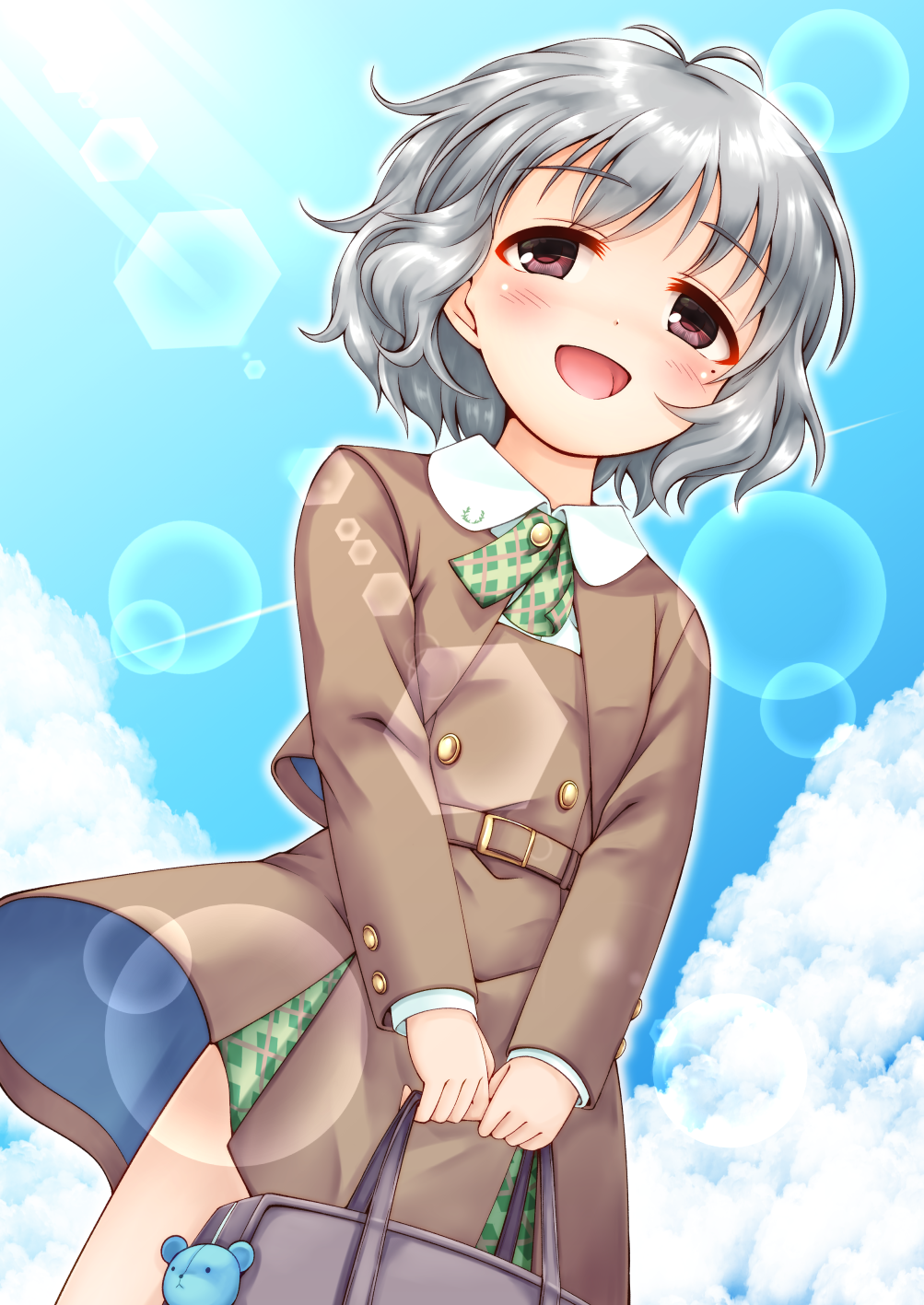 1girl :d bag bag_charm blue_sky blush brown_dress brown_eyes brown_jacket charm_(object) clouds collared_shirt commentary_request day dress green_neckwear grey_hair highres holding holding_bag idolmaster idolmaster_cinderella_girls jacket lens_flare looking_at_viewer mole mole_under_eye narumiya_yume outdoors partial_commentary plaid_neckwear regular_mow revision school_bag school_uniform shirt sky smile solo stuffed_animal stuffed_toy teddy_bear white_shirt