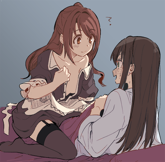 2girls ? akni bare_shoulders blanket blush breasts brown_eyes brown_hair commentary_request earrings eyebrows_visible_through_hair garter_straps green_eyes grey_background half_updo idolmaster idolmaster_cinderella_girls jewelry long_hair maid multiple_girls no_bra on_bed one_side_up open_mouth shibuya_rin shimamura_uzuki shirt sidelocks simple_background sitting sitting_on_lap sitting_on_person smile sweatdrop thigh-highs unbuttoned under_covers undressing yuri