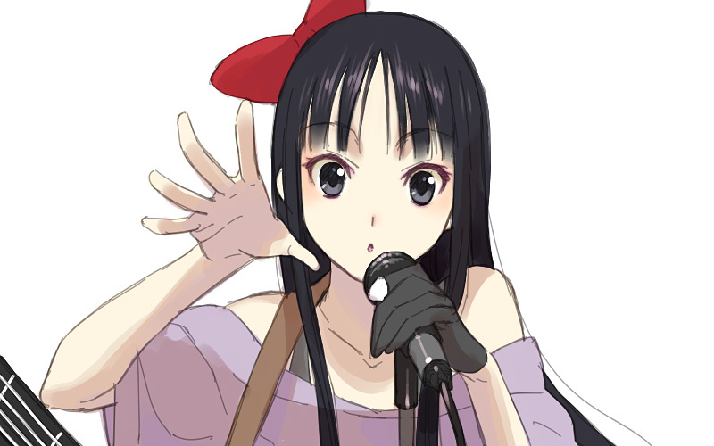 akiyama_mio artist_request black_hair gloves grey_eyes hair_ribbon hime_cut k-on! listen!! long_hair microphone ribbon sakamoto_mineji single_glove