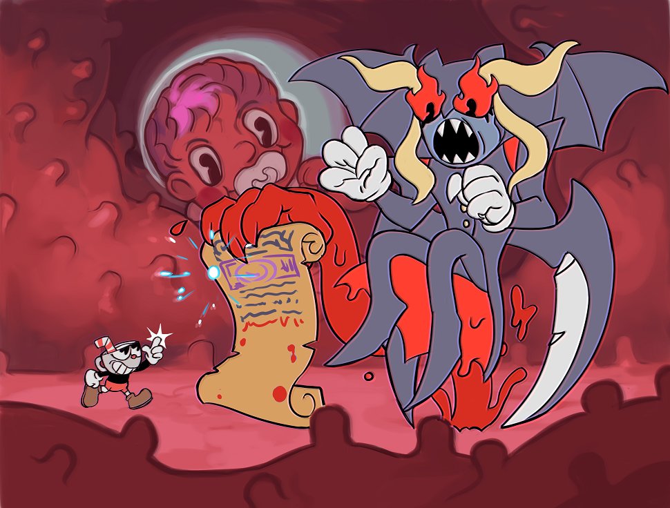 blood contract crossover cup cuphead cuphead_(game) demon_wings drinking_straw fetus_of_god gloves jedah_dohma pac-man_eyes pacifier sharp_teeth smile teacup teeth vampire_(game) wings