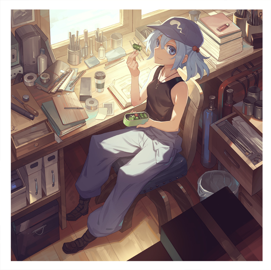 1girl bare_arms blue_eyes blue_hair blue_hat book_stack bottle chair closed_mouth cucumber cup drawer eating from_above glue hair_between_eyes hair_bobbles hair_ornament hat indoors kawashiro_nitori key lighter looking_at_viewer lunchbox pants pencil pocket screwdriver sitting smile solo tank_top tape touhou trash_can window yamamomo_(plank)