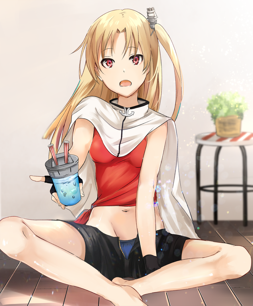 1girl :o azur_lane bangs bare_arms bare_legs barefoot black_gloves black_shorts blonde_hair blue_panties blush breasts cape cleveland_(azur_lane) commentary_request cup drink drinking_straw eyebrows_visible_through_hair fingerless_gloves foreshortening gloves gradient gradient_background grey_background headgear holding holding_cup indian_style light_particles long_hair looking_at_viewer navel on_floor one_side_up open_fly open_mouth outstretched_arm panties panty_peek parted_bangs plant potted_plant red_eyes red_shirt shirt shorts sitting sleeveless small_breasts solo stool tied_shirt underwear unzipped water white_cape wooden_floor