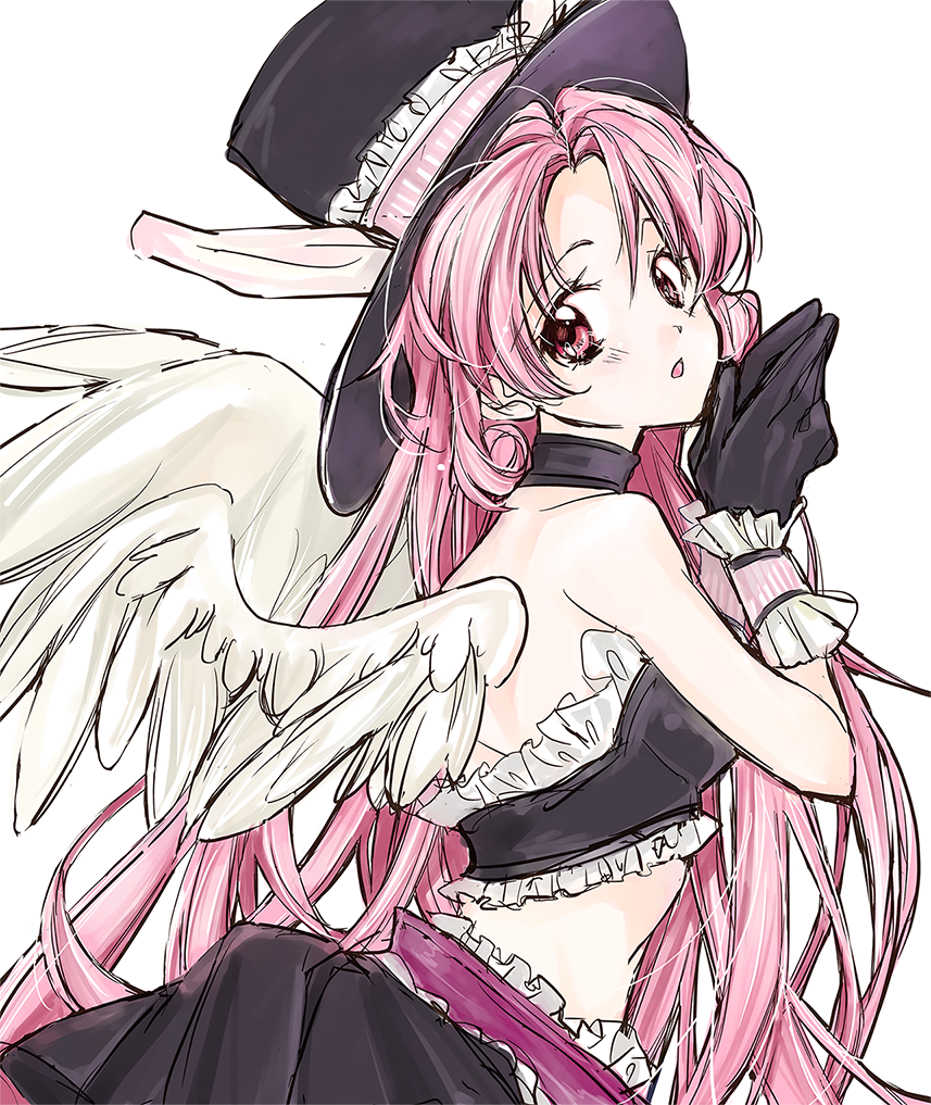 1girl angel_wings black_gloves choker feathered_wings from_side full_moon_wo_sagashite gloves hands_together hat kumi_(pixiv613849) long_hair looking_back meroko_yui pink_eyes pink_hair solo top_hat white_background white_wings wings
