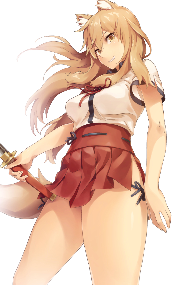 1girl animal_ears blonde_hair breasts cowboy_shot fate/extra_ccc_fox_tail fate_(series) fox_ears fox_tail grin hakama_skirt highres long_hair looking_at_viewer medium_breasts no_panties red_ribbon red_skirt ribbon saber_(fate/extra_ccc_fox_tail) shinon_(tokage_shuryou) shirt short_sleeves skirt smile solo tail white_shirt yellow_eyes