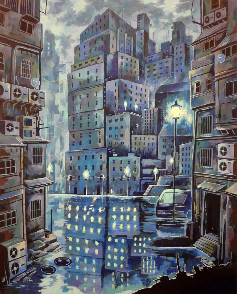 acrylic_paint_(medium) building car cityscape clouds cloudy_sky commentary_request day door fantasy grey_sky ground_vehicle kemi_neko lamppost lantern motor_vehicle no_humans original outdoors rain reflection sky skyscraper stairs traditional_media water_surface window