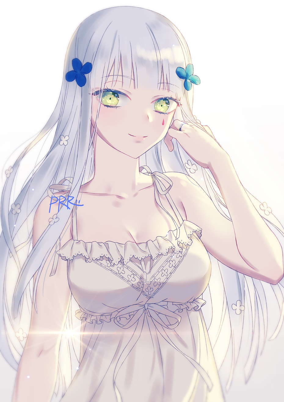 arm_at_side arm_up bangs bare_arms breasts cleavage collarbonebare_arms dress eyebrows_visible_through_hair eyes_visible_through_hair facial_mark girls_frontline green_eyes hair_between_eyes hair_ornament hand_in_hair highres hk416_(girls_frontline) jewelry lens_flare lips long_hair looking_at_viewer prrr ring sidelocks smile sun_flare teardrop very_long_hair wedding_band white_background white_dress white_hair