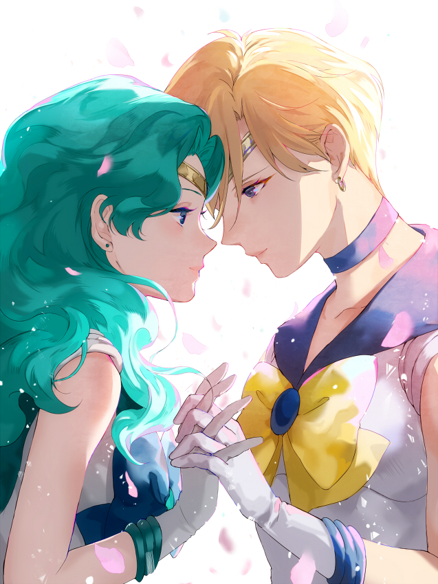 2girls aqua_hair bishoujo_senshi_sailor_moon blonde_hair bow choker circlet couple earrings gloves hand_holding interlocked_fingers jewelry kaiou_michiru looking_at_another mayo_(becky2006) multiple_girls sailor_neptune sailor_uranus short_hair ten'ou_haruka very_short_hair white_gloves yellow_bow yuri