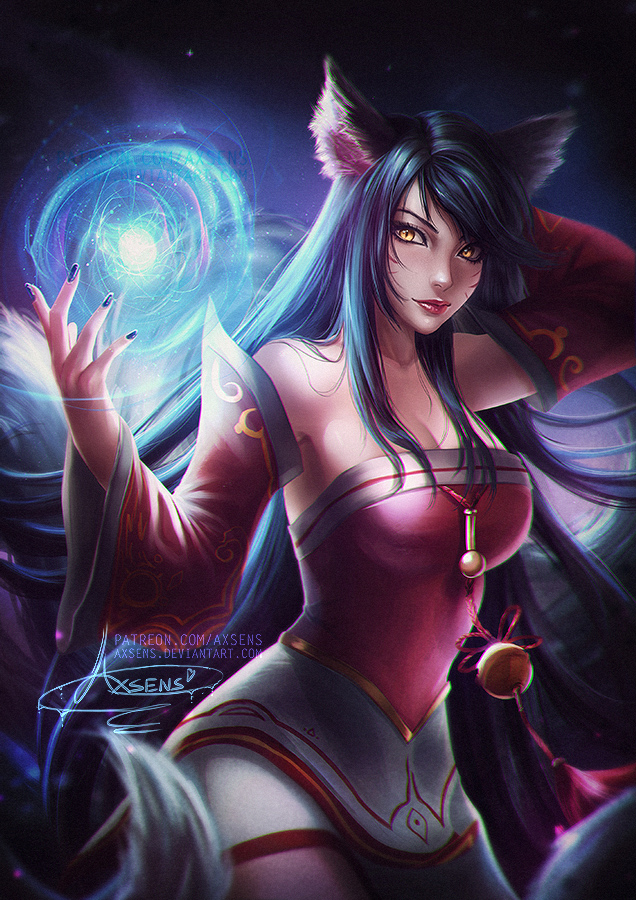 1girl ahri alexandra_mae animal_ears artist_name bare_shoulders bell black_hair black_nails blurry breasts cleavage depth_of_field detached_sleeves energy_ball fox_ears fox_tail hand_behind_head jingle_bell large_breasts league_of_legends nail_polish red_lips signature slit_pupils smile solo tail watermark web_address whisker_markings yellow_eyes