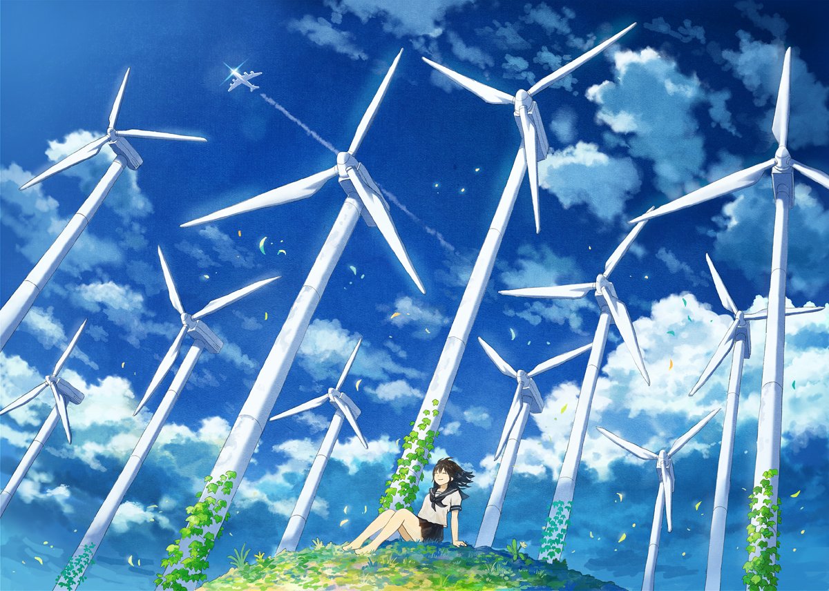 1girl aircraft airplane arm_support bare_legs barefoot black_sailor_collar blue_sky closed_eyes closed_mouth clouds cloudy_sky commentary_request day glint grass hill kemi_neko original outdoors pleated_skirt school_uniform serafuku shirt short_sleeves sitting skirt sky smile solo white_shirt wind wind_turbine windmill