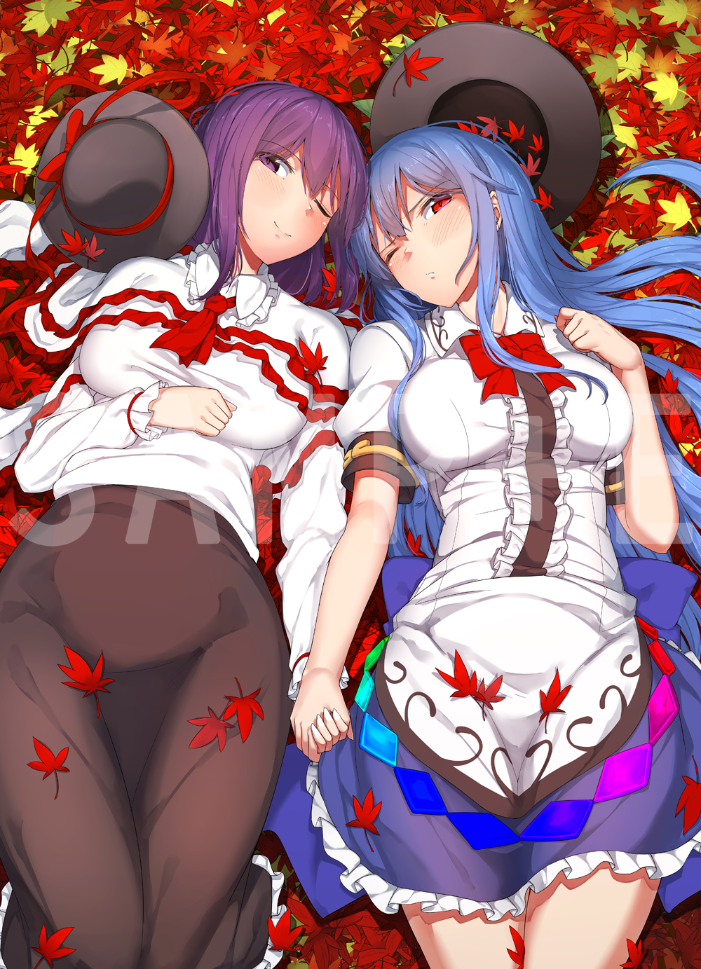 ;) autumn autumn_leaves bangs black_hat black_skirt blue_hair blue_skirt blush bow bowtie breasts capelet center_frills closed_mouth commentary_request eyebrows_visible_through_hair frilled_shirt_collar frilled_skirt frills hand_holding hand_on_own_chest hand_on_own_stomach hat hat_removed head_tilt headwear_removed highres hinanawi_tenshi large_breasts long_hair long_skirt long_sleeves looking_at_viewer lying nagae_iku necktie neropaso on_back one_eye_closed rainbow_order red_bow red_eyes red_neckwear sample short_sleeves sidelocks skirt smile touhou very_long_hair violet_eyes