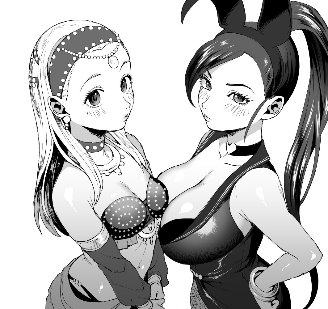 2girls animal_ears arabian_clothes blush breasts bunny_girl bunnysuit choker cleavage collarbone dragon_quest dragon_quest_xi eyelashes greyscale hairband hand_on_hip large_breasts long_hair martina_(dq11) medium_breasts monochrome multiple_girls ouse_(otussger) ponytail rabbit_ears senya_(dq11) simple_background white_background