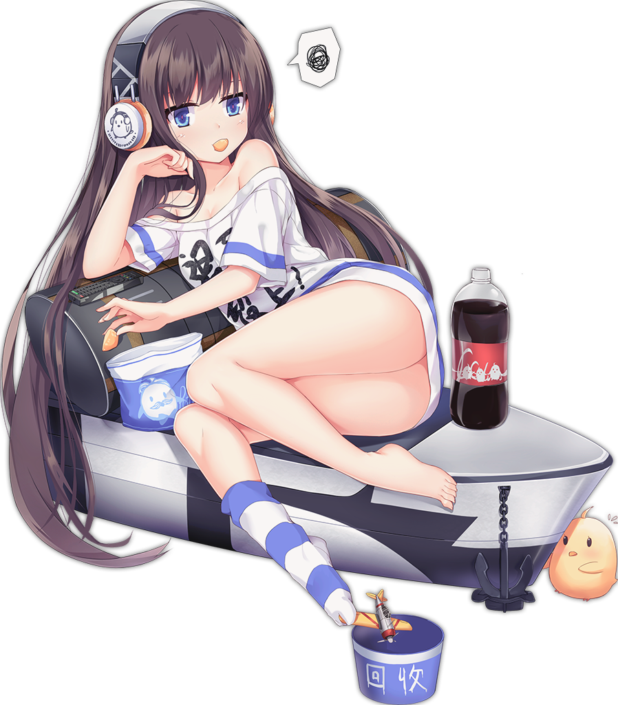 1girl aircraft airplane aixioo ass azur_lane barefoot between_toes bird black_hair blue_eyes breasts chick cleavage clothes_writing cola eating feet headphones holding long_hair long_island_(azur_lane) lying machinery no_shoes off-shoulder_shirt official_art shirt simple_background single_sock socks soda_bottle t-shirt toes translation_request transparent_background you_work_you_lose