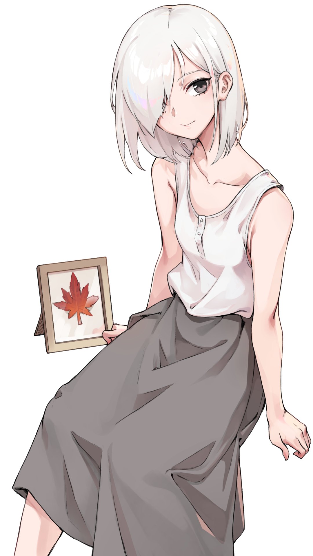 1girl bare_arms bare_shoulders closed_mouth collarbone commentary_request grey_eyes grey_hair grey_skirt hair_over_one_eye highres leaf long_hair looking_at_viewer maple_leaf one_eye_covered oopartz_yang original portrait_(object) shirt short_hair simple_background skirt sleeveless sleeveless_shirt smile solo white_background white_shirt