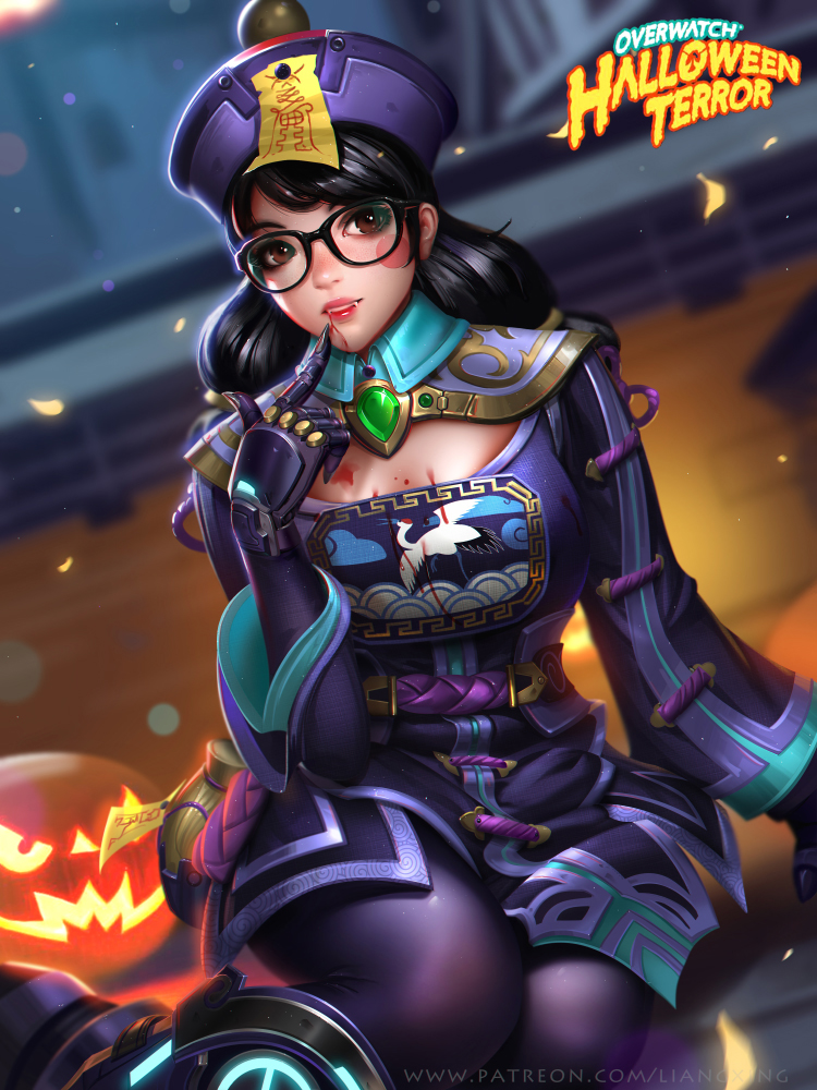 1girl alternate_costume black_hair blood blush_stickers chinese_clothes fangs finger_to_mouth glasses jack-o'-lantern jiangshi jiangshi_mei liang_xing looking_at_viewer low_twintails mei_(overwatch) ofuda overwatch parted_lips pumpkin sitting solo twintails