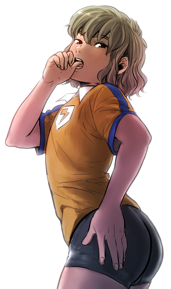 1boy agina arched_back ass biting bloom brown_hair dark_skin dark_skinned_male inazuma_eleven_(series) inazuma_eleven_go looking_at_viewer male_focus shindou_takuto short_shorts shorts simple_background soccer_uniform solo sportswear thighs thumb_biting white_background