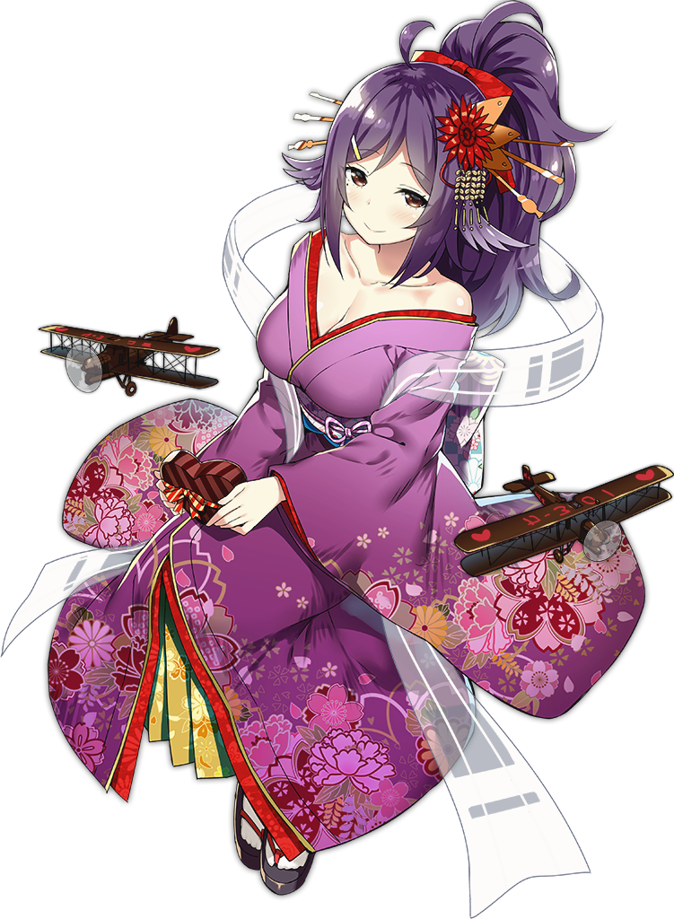 1girl ahoge aircraft alternate_costume alternate_hairstyle azur_lane b1m breasts brown_eyes chocolate chocolate_heart cleavage flower hagoromo hair_flower hair_ornament heart houshou_(azur_lane) japanese_clothes kimono large_breasts off_shoulder official_art purple_hair shawl simple_background sky_(freedom) smile socks solo transparent_background