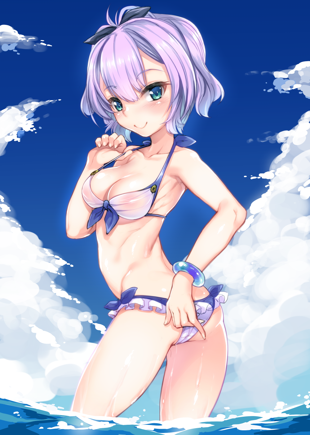 1girl azur_lane bikini blue_eyes breasts clouds hair_ribbon harigane_shinshi highres javelin_(azur_lane) looking_at_viewer looking_back medium_breasts purple_hair ribbon short_hair smile solo standing swimsuit water