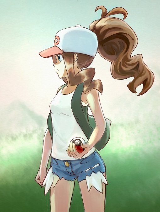 1girl black_legwear blue_eyes brown_hair eyebrows_visible_through_hair face full_body long_hair poke_ball pokemon pokemon_(game) pokemon_bw ponytail portrait shitoto shoes simple_background touko_(pokemon) transparent_background white_background