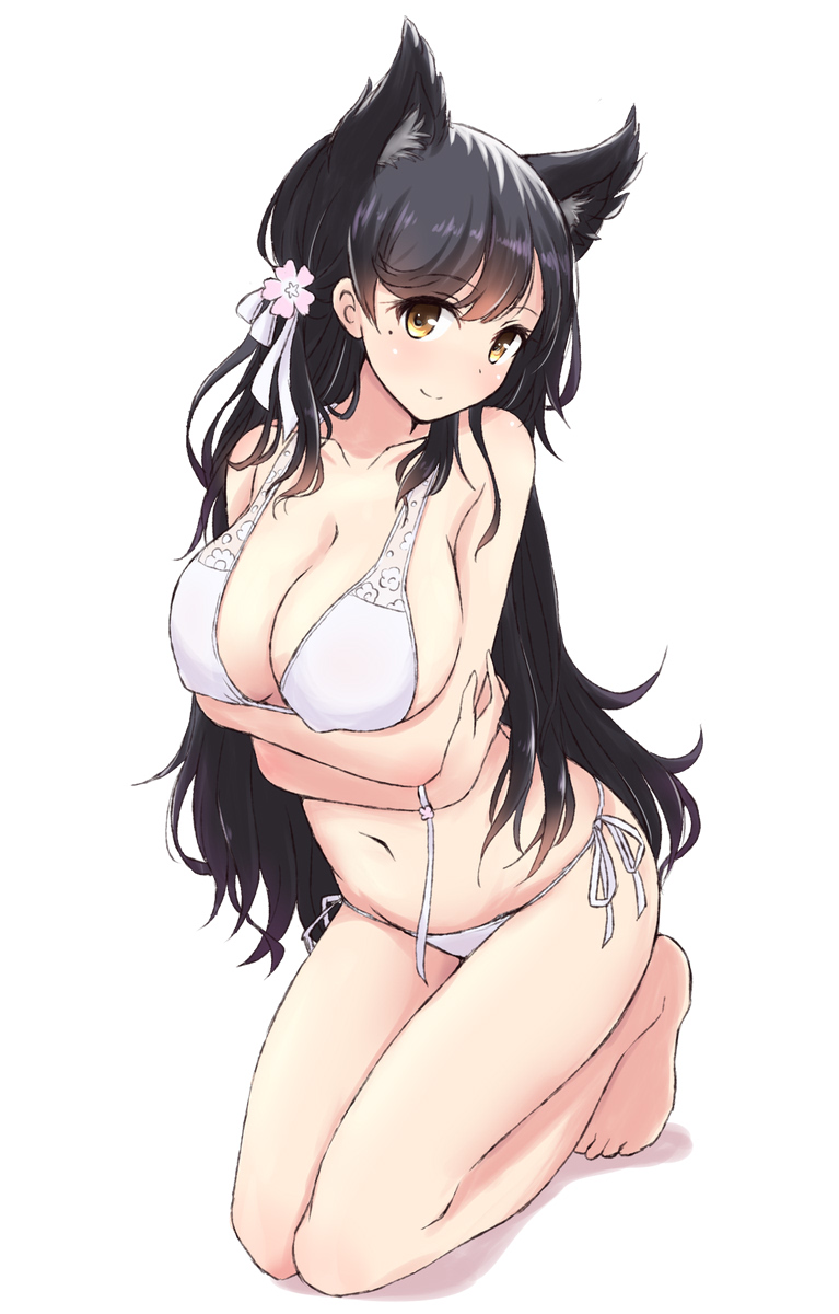 1girl animal_ears atago_(azur_lane) azur_lane bangs bikini black_hair blush breast_hold breasts cleavage closed_mouth collarbone commentary_request flower full_body hair_flower hair_ornament highres kneeling large_breasts long_hair looking_at_viewer mel_(melty_pot) mole mole_under_eye navel smile solo stomach swept_bangs swimsuit very_long_hair white_bikini yellow_eyes