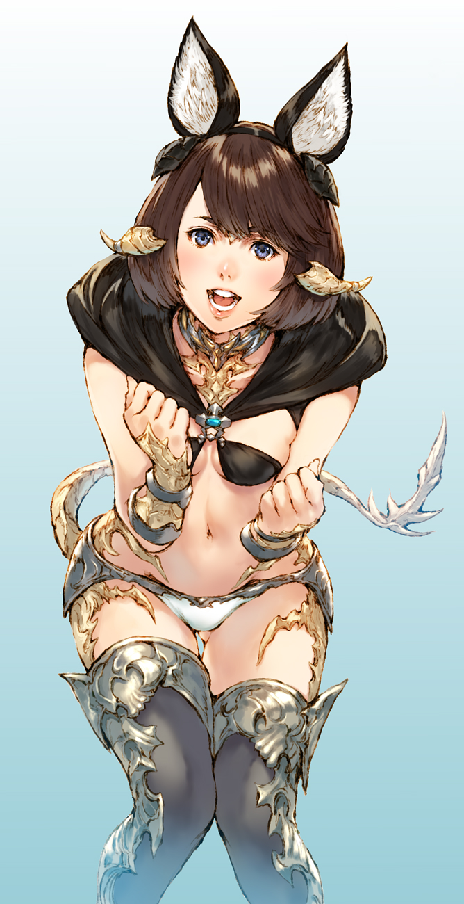 1girl :d animal_ears au_ra bikini blue_eyes blush boots breasts brown_hair capelet dragon_girl dragon_horns dragon_tail fake_animal_ears final_fantasy final_fantasy_xiv gluteal_fold hairband highres horns leaning_forward lips looking_at_viewer makimura_shunsuke navel open_mouth scales short_hair small_breasts smile solo swimsuit tail teeth thigh-highs thigh_boots tongue