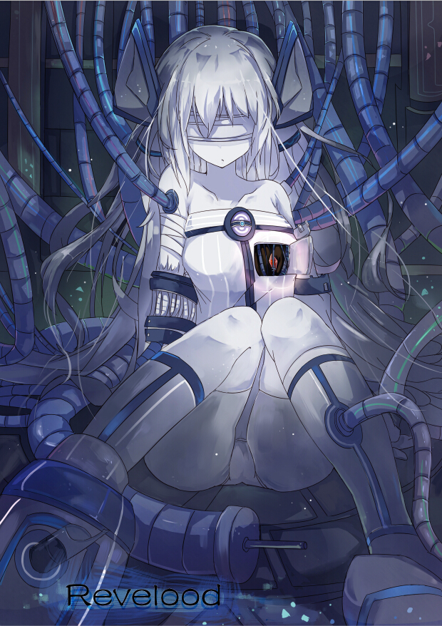 1girl android ass bandage bandaged_arm bangs bare_shoulders blindfold cable commentary_request dress grey_hair headgear knees_together_feet_apart long_hair mitu_yang original panties parts_exposed sitting solo thigh-highs underwear white_legwear white_panties white_skin
