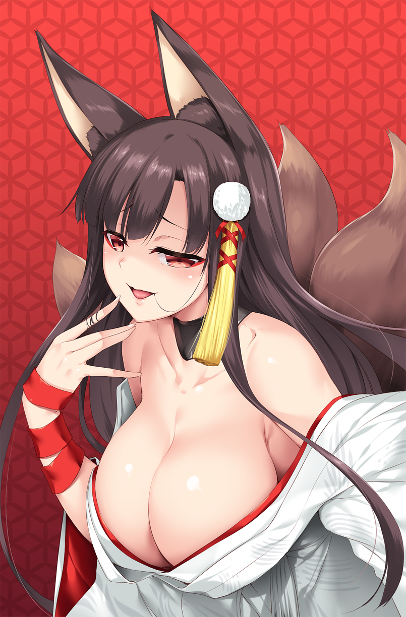 1girl akagi_(azur_lane) animal_ears azur_lane bangs bare_shoulders black_hair blush breasts cleavage collarbone eyebrows_visible_through_hair fox_ears fox_tail hair_ornament hand_up highres japanese_clothes kimono kyuubi large_breasts long_hair looking_at_viewer multiple_tails nakano_sora open_mouth red_eyes smile solo straight_hair tail upper_body white_kimono