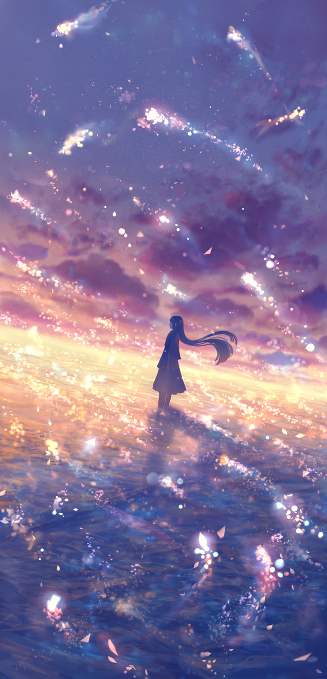 1girl blue_sky capelet clouds cloudy_sky commentary_request day dress fantasy from_side highres in_water light_particles long_hair ocean original profile sakimori_(hououbds) scenery sky solo sunlight sunset very_long_hair wading water water_surface