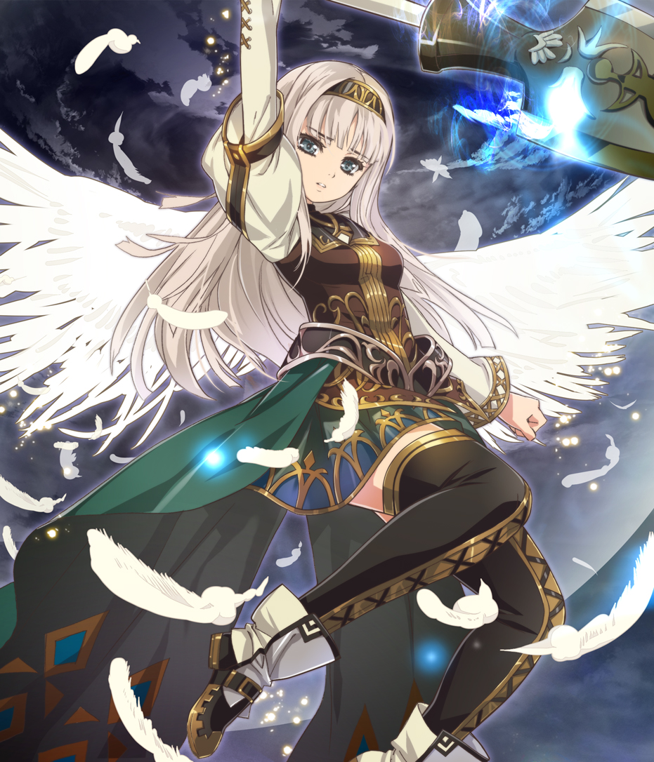 1girl alisha_diphda angel_wings black_legwear commentary_request grey_eyes headband holding looking_at_viewer nyoronyoro polearm silver_hair solo tales_of_(series) tales_of_zestiria thigh-highs weapon wings zettai_ryouiki