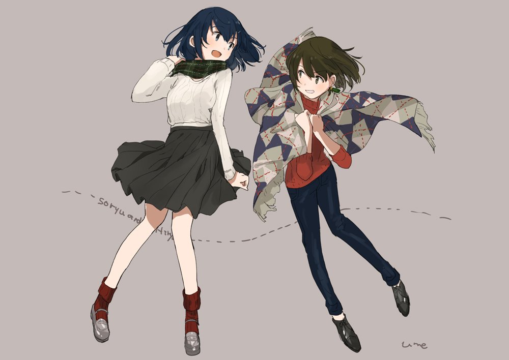 2girls alternate_costume alternate_hairstyle artist_name artist_request black_skirt blouse blue_eyes blue_hair blush brown_eyes brown_hair clothes_grab commentary denim eye_contact eyebrows_visible_through_hair full_body hair_between_eyes hair_down hiryuu_(kantai_collection) kantai_collection long_sleeves looking_at_another mary_janes medium_hair multiple_girls open_mouth pants pleated_skirt red_sweater scarf shawl shoes simple_background skirt smile socks souryuu_(kantai_collection) sweater turtleneck turtleneck_sweater white_blouse