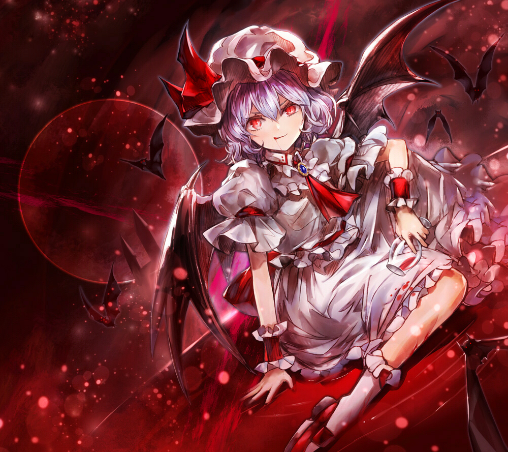 1girl ascot bat bat_wings blood brooch closed_mouth dutch_angle full_body hat hat_ribbon jewelry kozou_(soumuden) lavender_hair licking_lips looking_at_viewer mob_cap moon red_eyes red_footwear red_moon red_ribbon remilia_scarlet ribbon shoes sitting skirt skirt_set smile socks solo tongue tongue_out touhou white_legwear white_skirt wings wrist_cuffs