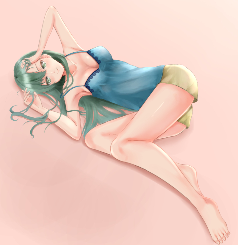 1girl barefoot blush breasts cleavage green_eyes green_hair hand_in_hair irohakaede kantai_collection large_breasts long_hair lying on_side smile solo suzuya_(kantai_collection)