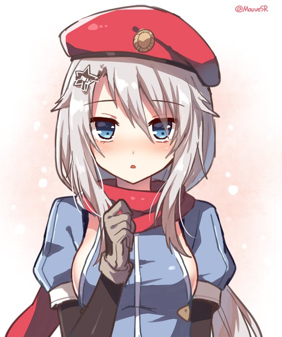 1girl 9a-91_(girls_frontline) bangs beret blush breasts commentary_request eyebrows_visible_through_hair girls_frontline gloves hair_between_eyes hair_ornament hat long_hair long_sleeves looking_at_viewer open_mouth red_scarf scarf sideboob simple_background solo twitter_username white_hair