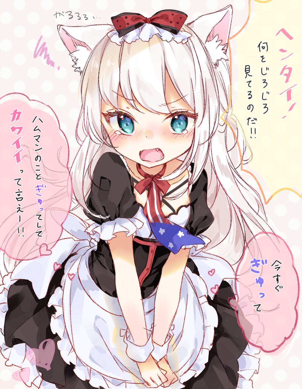 1girl american_flag american_flag_print animal_ears apron apron_tug azur_lane bangs beige_background black_shirt black_skirt blue_eyes blush bow cat_ears chico152 commentary_request criss-cross_halter eyebrows_visible_through_hair fang flag_print frilled_apron frilled_skirt frills hair_bow halterneck hamann_(azur_lane) heart highres long_hair looking_at_viewer necktie nose_blush open_mouth polka_dot polka_dot_background puffy_short_sleeves puffy_sleeves red_bow shirt short_sleeves simple_background skirt solo squiggle tears translation_request tsurime v_arms very_long_hair waist_apron white_apron white_hair wrist_cuffs