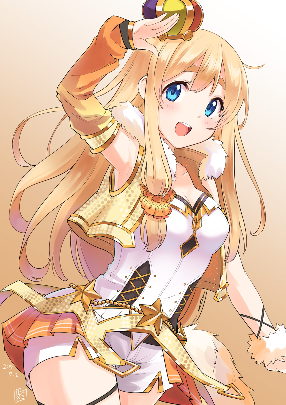 1girl blonde_hair blue_eyes cosplay cowboy_shot crown detached_sleeves eyebrows fur_trim gradient gradient_background highres idolmaster idolmaster_cinderella_girls k-on! kotobuki_tsumugi long_hair looking_at_viewer mini_crown open_mouth orange_background party_time_gold salute shorts smile smirs solo star vest white_shorts