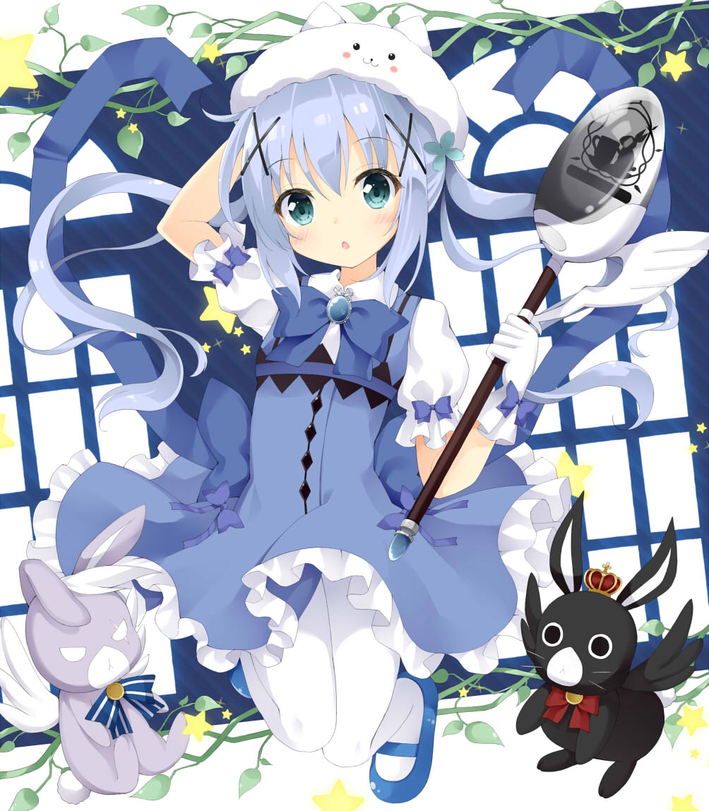 1girl :o adapted_costume alternate_hairstyle animal anko_(gochiusa) aqua_eyes blue_footwear blue_neckwear blush bow bowtie brooch buttons character_hat collared_shirt commentary_request crown dress eyebrows_visible_through_hair flat_chest flying frilled_dress frills full_body gochuumon_wa_usagi_desu_ka? hair_ornament hairclip hat holding holding_staff jewelry jumping kafuu_chino light_blue_hair long_hair looking_at_viewer maccha magical_girl mary_janes mini_crown open_mouth pantyhose plant puffy_short_sleeves puffy_sleeves rabbit red_neckwear shirt shoes short_sleeves sidelocks sleeveless sleeveless_dress spoon staff star tippy_(gochiusa) twintails two-tone_background undershirt vines white_hat white_legwear white_shirt wild_geese wing_collar wings x_hair_ornament