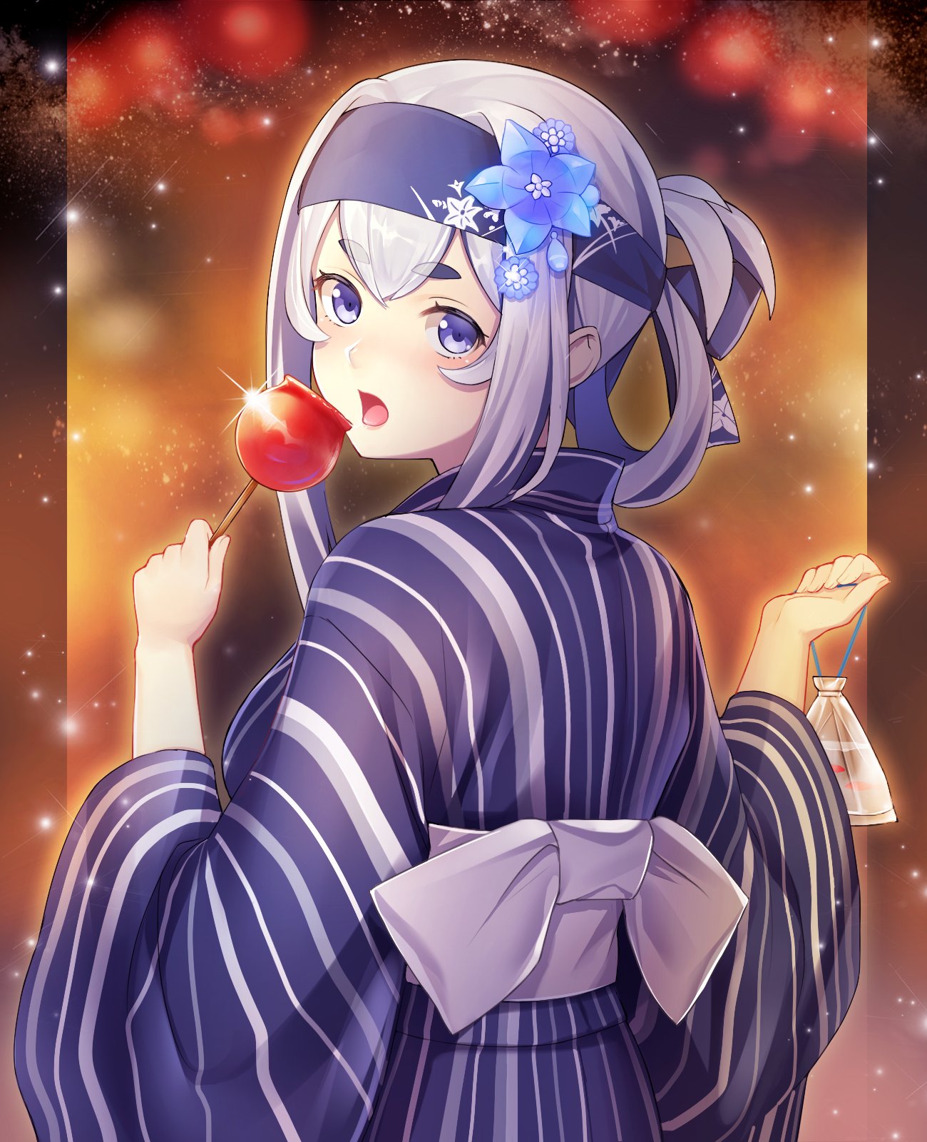 1girl bandanna blue_eyes blue_kimono candy_apple flower folded_ponytail food from_behind hair_flower hair_ornament headband highres japanese_clothes kamoi_(kantai_collection) kantai_collection kimono long_hair looking_at_viewer looking_back open_mouth pantsu_majirou sidelocks solo striped striped_kimono thick_eyebrows upper_body white_hair
