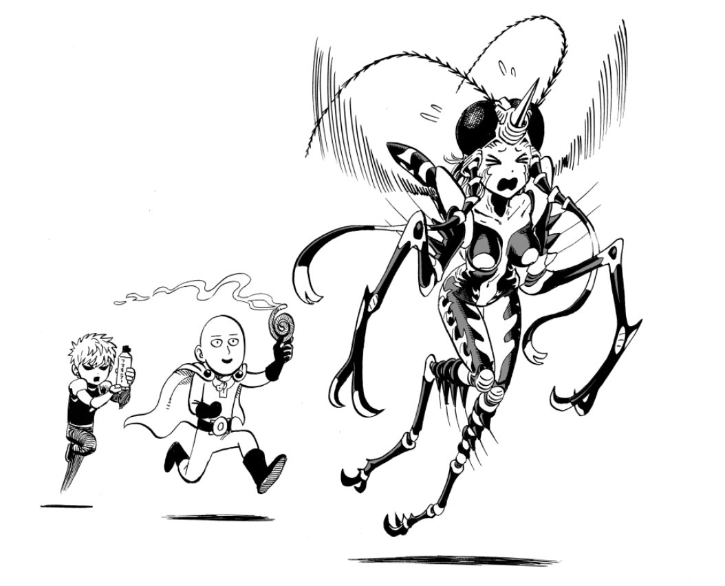 1girl 2boys :d android antennae bald belt boots breasts cape commentary_request extra_eyes fewer_digits flying flying_sweatdrops genos gloves greyscale horn insect_girl insect_wings insecticide medium_breasts monochrome monster_girl mosquito_coil mosquito_girl mosquito_musume multiple_boys murata_yuusuke one-punch_man open_mouth pants running saitama_(one-punch_man) shirt shoes simple_background smile superhero white_background wings