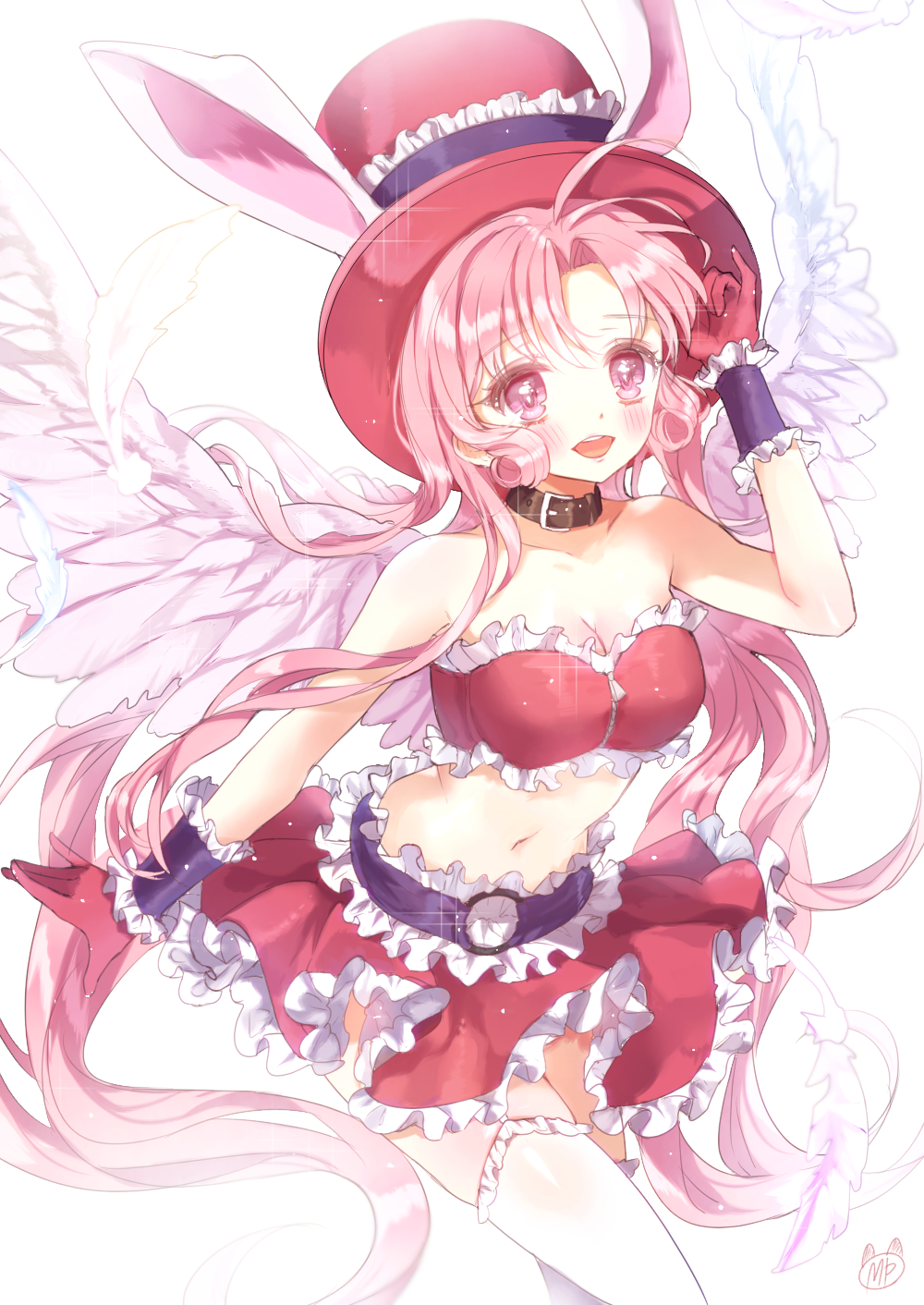 1girl :d angel_wings animal_ears bangs bare_shoulders blush choker feathered_wings feathers frilled_skirt frills full_moon_wo_sagashite gloves hat highres long_hair meroko_yui midriff mp_(h_mirus) navel open_mouth parted_bangs pink_eyes pink_hair rabbit_ears red_gloves red_skirt skirt skirt_set smile solo thigh-highs top_hat very_long_hair white_background white_feathers white_legwear wings wrist_cuffs zettai_ryouiki
