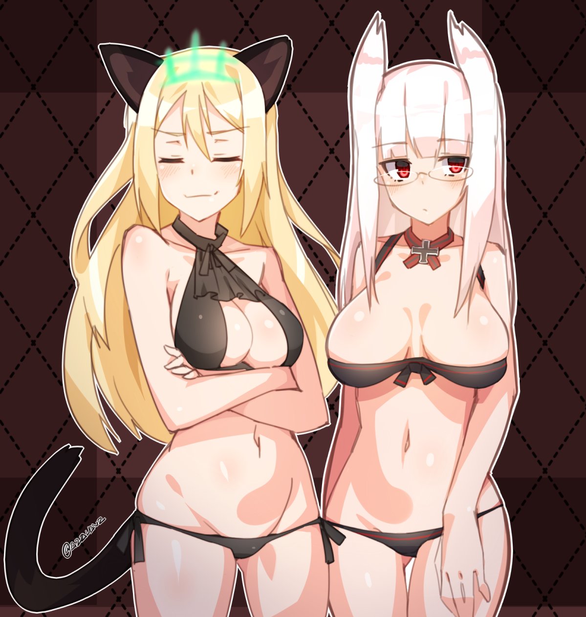 2girls animal_ears bangs bare_arms bare_shoulders bikini black_bikini black_neckwear blonde_hair blunt_bangs blush breasts brown_background cat_ears closed_mouth commentary cowboy_shot crossed_arms eyebrows_visible_through_hair gloves gluteal_fold hair_between_eyes heidimarie_w_schnaufer heinrike_prinzessin_zu_sayn-wittgenstein highres iron_cross large_breasts long_hair looking_at_viewer lowleg lowleg_bikini multiple_girls navel red_eyes side-tie_bikini skindentation smile smug standing strike_witches swimsuit tiara tilt-shift twitter_username world_witches_series