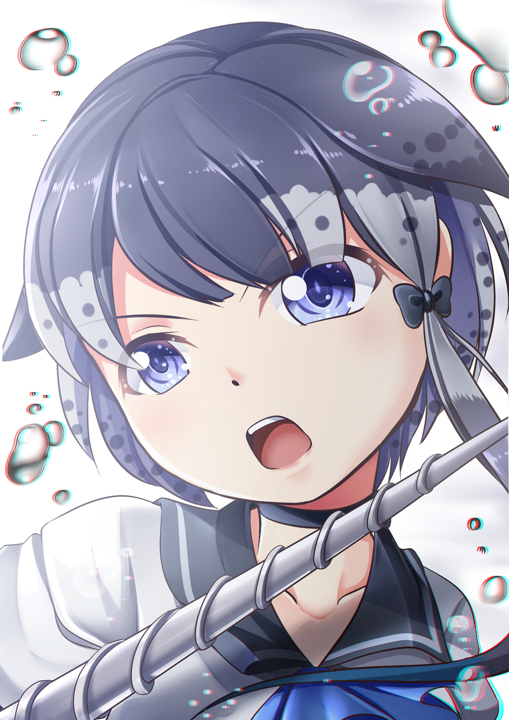 &gt;:o 1girl :o air_bubble ascot black_hair blue_eyes blue_neckwear bow bubble chromatic_aberration commentary dot_nose drillhorn_sword eyebrows_visible_through_hair eyes_visible_through_hair grey_hair hair_bow head_tilt highres kemono_friends looking_at_viewer multicolored_hair narwhal_(kemono_friends) sailor_collar shirt solo submerged white_shirt yasume_yukito