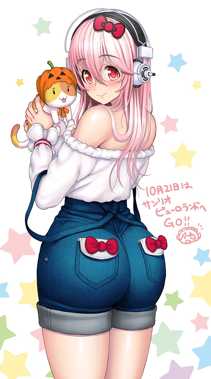 1girl :3 :p animal ass back bangs bare_shoulders blue_shorts blush bow closed_mouth commentary_request cowboy_shot eyebrows_visible_through_hair from_behind hair_between_eyes hair_ornament headphones highres hips holding holding_animal holding_cat jack-o'-lantern legs_together long_hair long_sleeves looking_at_viewer looking_back nail_polish nitroplus off-shoulder_shirt orange_ribbon pink_eyes pink_hair pocket pumpkin_hat red_bow red_nails ribbon shiny shiny_skin shirt shorts smile standing star starry_background strap_slip super_sonico suspender_shorts suspenders thick_thighs thighs tongue tongue_out translation_request tsuji_santa white_background white_shirt wide_hips