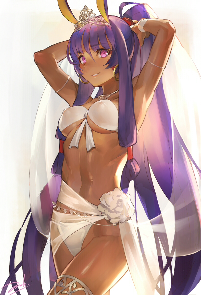 1girl animal_ears armlet arms_up bandeau bianyuanqishi bikini breasts cowboy_shot dark_skin earrings eyebrows_visible_through_hair eyeliner facial_mark fate/grand_order fate_(series) front-tie_bikini front-tie_top hair_tubes highres hoop_earrings jewelry long_hair makeup medium_breasts navel necklace nitocris_(fate/grand_order) nitocris_(swimsuit_assassin)_(fate) parted_lips pink_eyes ponytail purple_hair shiny shiny_skin sidelocks simple_background smile solo swimsuit thighlet tiara tying_hair under_boob very_long_hair white_bikini wristband