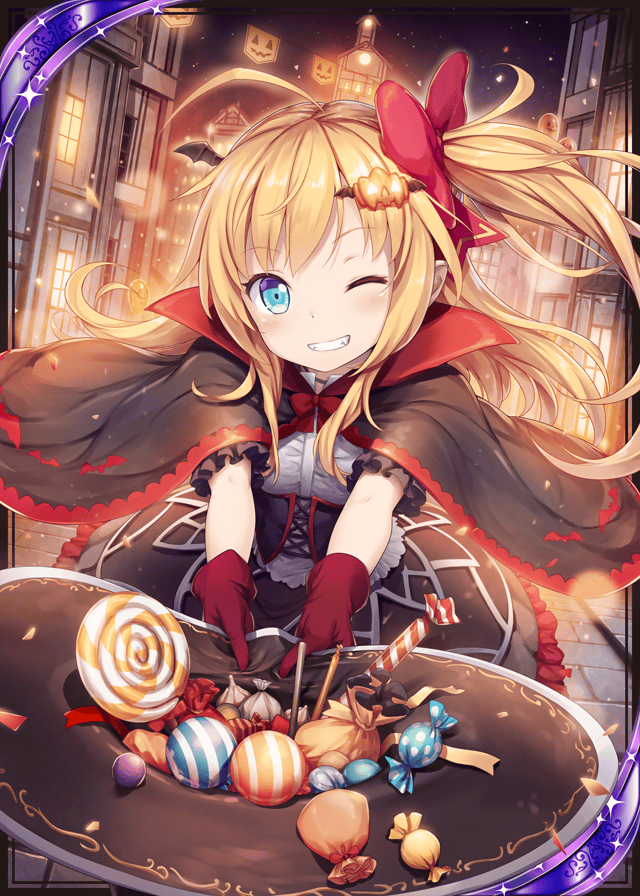1girl age_regression akkijin alchemist_(shinkai_no_valkyrie) bat_wings blonde_hair blue_eyes candy card_(medium) food gloves hair_ornament hair_ribbon halloween halloween_costume hat night night_sky one_eye_closed pumpkin red_gloves red_ribbon ribbon shinkai_no_valkyrie sky solo star_(sky) starry_sky vampire_costume village wings witch witch_hat younger