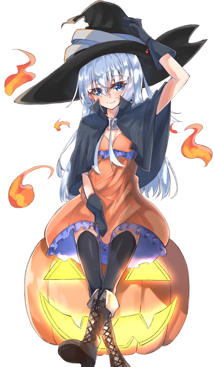 1girl black_gloves black_hat blue_eyes blush boat boots dress fire gloves hair_between_eyes hat hibiki_(kantai_collection) hiiragi_kifuyu kantai_collection looking_at_viewer orange_dress panties pumpkin remodel_(kantai_collection) silver_hair smile solo underwear watercraft white_background witch witch_hat