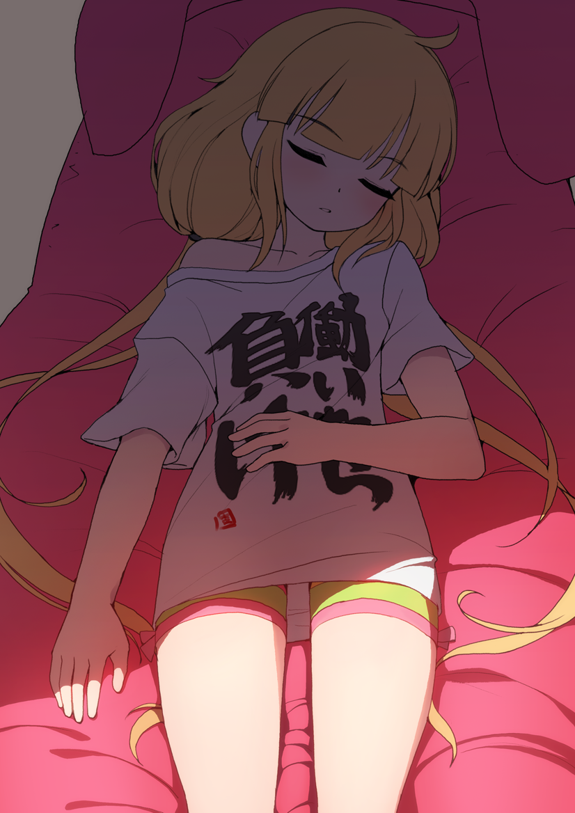 1girl bangs bike_shorts blunt_bangs blush closed_eyes clothes_writing commentary_request eyebrows_visible_through_hair facing_viewer feet_out_of_frame futaba_anzu hand_on_own_stomach idolmaster idolmaster_cinderella_girls long_hair low_twintails lying off_shoulder on_back parted_lips rheez shade shadow shirt short_sleeves single_bare_shoulder sleeping solo twintails very_long_hair white_shirt