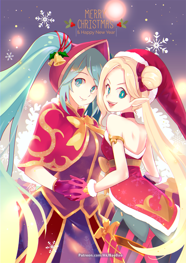 2girls :d aa2233a alternate_hair_color ambitious_elf_jinx aqua_hair bell blonde_hair blue_eyes capelet english gloves hair_bun hand_holding hat jinx_(league_of_legends) league_of_legends long_hair looking_at_viewer merry_christmas multiple_girls open_mouth pointy_ears red_choker red_gloves santa_costume santa_hat silent_night_sona smile snowflakes sona_buvelle standing twintails watermark web_address