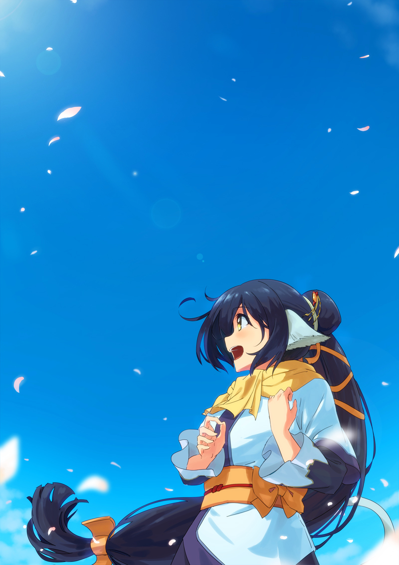 1girl :d animal_ears bangs black_hair blue_sky cherry_blossoms clouds commentary_request day eyebrows_visible_through_hair from_ground japanese_clothes kuon_(utawareru_mono) long_hair long_sleeves looking_afar low-tied_long_hair obi open_mouth outdoors petals ponytail profile sash scarf sky smile solo standing tomato_(lsj44867) upper_body utawareru_mono utawareru_mono:_itsuwari_no_kamen very_long_hair wind yellow_eyes yellow_scarf