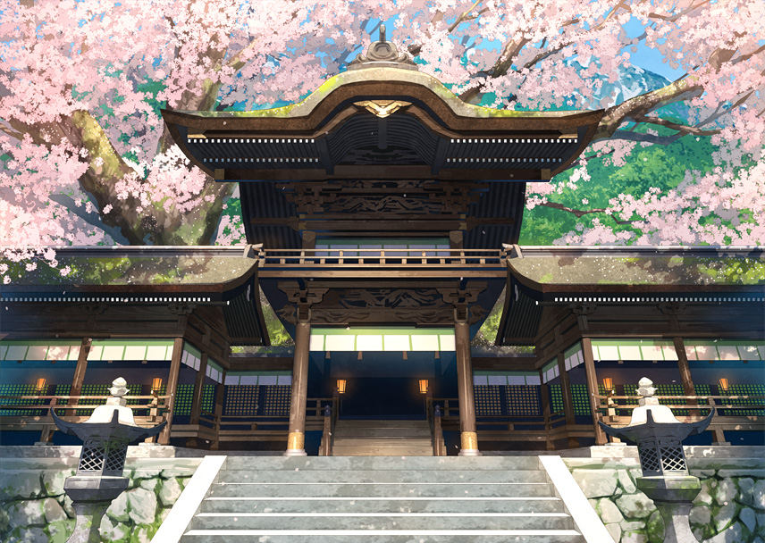 architecture cherry_blossoms column day east_asian_architecture no_humans original outdoors pillar stairs toichi_(ik07) tree