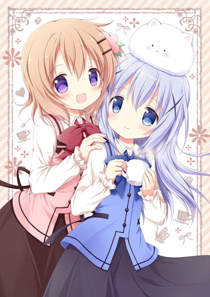 2girls :d angora_rabbit animal animal_on_head bangs black_skirt blue_eyes blue_neckwear blue_vest blush bow bowtie brown_skirt bunny_on_head buttons closed_mouth collared_shirt commentary_request cowboy_shot cup eyebrows_visible_through_hair flat_chest gochuumon_wa_usagi_desu_ka? hair_ornament hairclip hand_on_another's_shoulder heart holding holding_cup hoto_cocoa kafuu_chino light_blue_hair long_hair long_sleeves looking_at_viewer multiple_girls nanase_miori on_head open_mouth orange_hair pink_vest rabbit rabbit_house_uniform red_neckwear shirt short_hair skirt smile standing steam tippy_(gochiusa) two-tone_background vest violet_eyes white_shirt wing_collar x_hair_ornament