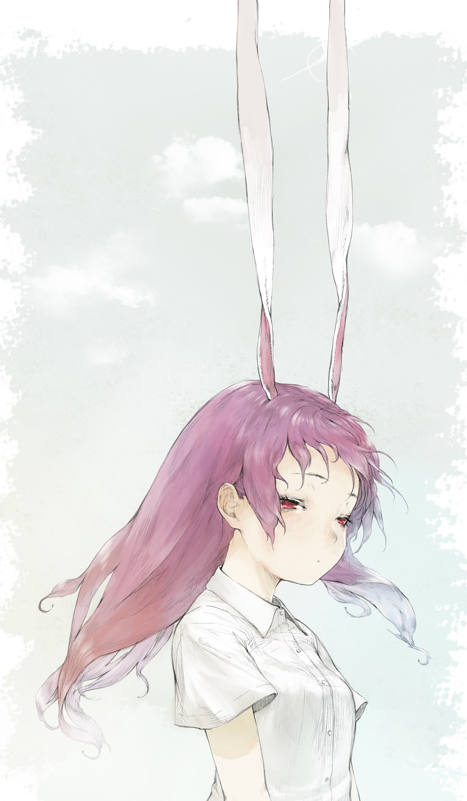 1girl animal_ears bad_id bad_twitter_id closed_mouth collared_shirt commentary_request expressionless extra_ears floating_hair grey_background half-closed_eyes highres long_hair purple_hair rabbit_ears red_eyes reisen_udongein_inaba ryono_mizuki shirt short_sleeves simple_background solo touhou upper_body very_long_ears white_shirt wind wing_collar